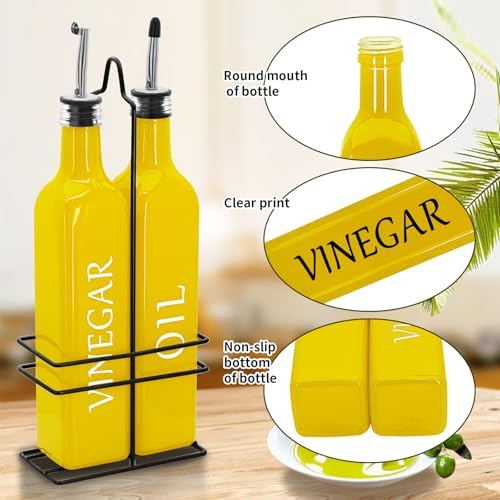 Farmhouse Oil and Vinegar Dispenser Set, 17 oz, beautiful olive oil dispenser, includes a black steel rack and a funnel, vintage cruets for vinegar and oil (Yellow)