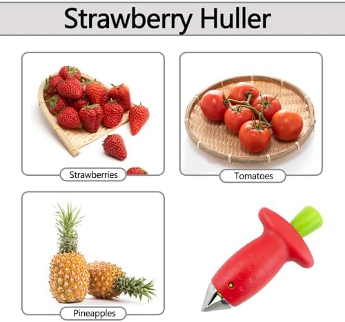 2pcs Strawberry Huller, Strawberry Stem and Leaf Remover Multi Function Fruit Corers Tool for Tomato Pineapple, Baking and Jam Making, Red
