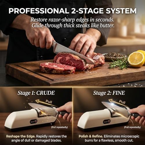 4-in-1 Knife Sharpener for Kitchen Knives & Scissors, Manual Pull-Through Sharpener with Tungsten Steel & Ceramic Slots, 3-Stage Sharpening Tool with Non-Slip Base