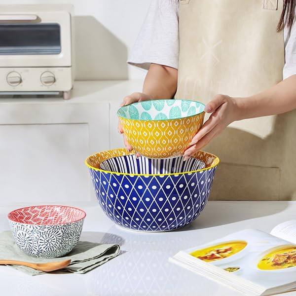 Selamica Ceramic Mixing Bowls, Nesting Bowls Set of 4 for Baking, Prepping, Cooking, Salad, 20/36/60/123 oz, Microwave & Dishwasher Safe, Assorted Colors