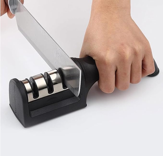 Professional 3-Stage Knife Sharpener with diamond, tungsten steel and ceramic slots. Sharpen kitchen knives, chef knives and scissors easily with this non-slip manual sharpener. (Black)