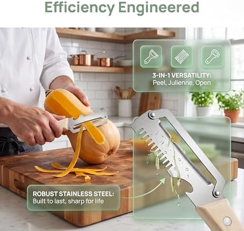 2-Piece Multi-Function Kitchen Peeler Set, 3-in-1 Stainless Steel Peeler with Built-in Bottle Opener and Non-Slip Wooden Handle, for Peeling Pumpkins, Potatoes, and Other Fruits and Vegetables