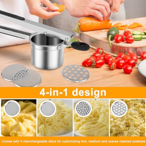 Potato Ricer, Stainless Steel Potato Masher with 4 Removable Discs, Manual Food Masher with Non Slip Long Handle, 15oz Kitchen Fruit and Vegetables Press 12.99×4.7 Inch Food Ricer for Home Kitchen
