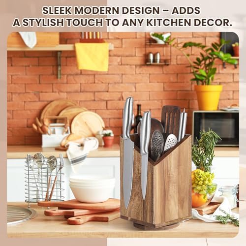 Magnetic Knife Block Without Knife Wood Utensil Holder 360° Rotatable Magnetic Knives Holder Organizer 9.65 x 5.5 Inches Universal Magnet Organizer Large Acacia Wood Kitchen Farmhouse Countertop Cook