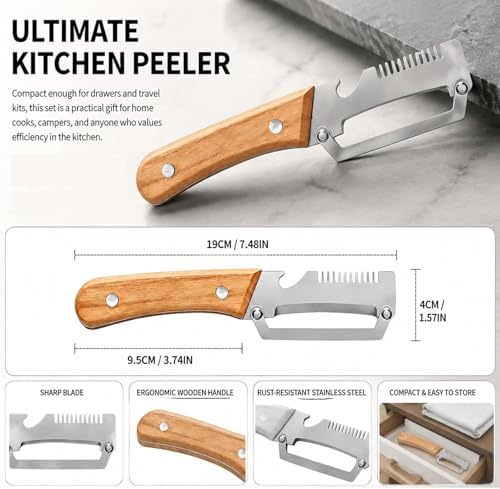 Multifunctional Vegetable Peeler, 3-in-1 Stainless Steel Potato Peeler with Julienne Cutter & Bottle Opener, Wide Blade Kitchen Peeler for Carrot, Cucumber, Potato, Kitchen & Camping Use (2PCS)
