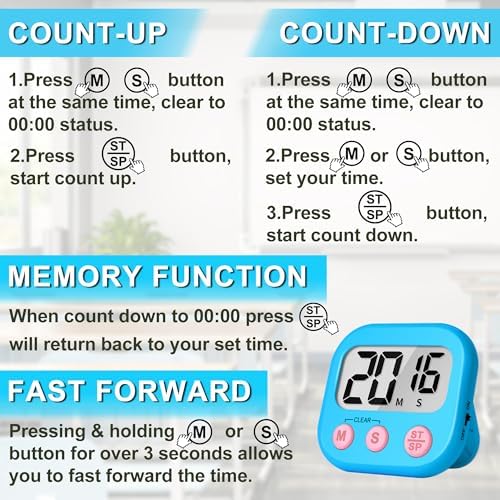 ZILLEEN Digital Kitchen Timers for Cooking Kids Blue Pink 6 Pack