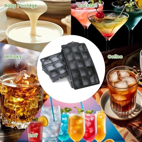 FANYITY Silicone Ice Cube Tray with Lid, Black, Pack of 4 Ice Cube Moulds, Silicone Mould, BPA-Free, Stackable Ice Cube Tray, Ice Cube Trays for Baby Porridge, Cocktail, Whiskey, Coffee