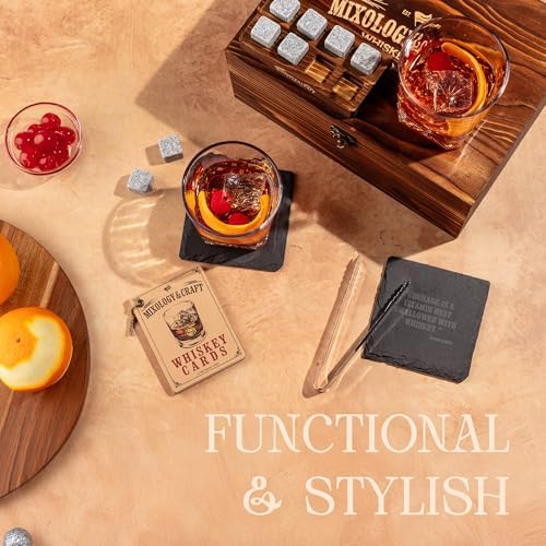 Mixology & Craft Whiskey Stones Gift Set – Includes Two 10oz Crystal Whiskey Glasses, 8 Granite Chilling Rocks, Slate Coasters, Metal Tongs, Cocktail Recipe Cards, Elegant Wooden Storage Box