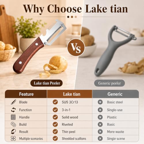 2026 Upgrade 3 in 1 Vegetable Peeler with Scallion Shredder & Bottle Opener, Professional Stainless Steel Potato Peeler with Ergonomic Wood Handle, Rust-Resistant & Heavy Duty Kitchen Tool (2)