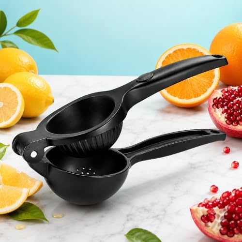 Heavy Duty Lemon Squeezer, Aluminium Alloy Manual Lemon Juicer Hand Press with Threaded Groove for Maximum Juice - Perfect for Limes, Small Oranges, Citrus Fruits (Black)