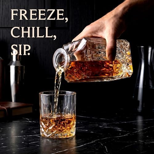 Mixology & Craft Luxury Whiskey Decanter Gift Set - 25oz Crystal Decanter, 4 Old-Fashioned Glasses, 4 Slate Coasters with Diamond Pattern Premium Black Gift Box