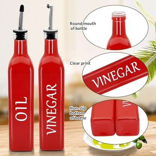 Olive Oil Dispenser Bottle,2 Pcs 17oz 500ml Glass O il and Vinegar Dispenser Set with 2 Stainless Steel Pourers, 8 Labels,Funnel Vinegar Bottles for Kitchen (Red)