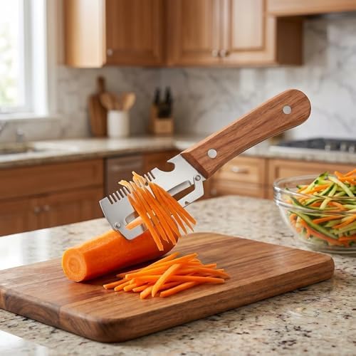 3-in-1 Multifunctional Vegetable Peeler, Curved Stainless Steel Blade Wooden Handle & Built-In Bottle Opener Kitchen Tool for Sugar Cane, Potato, Fruit, Pumpkin, Carrot Veggie Peeler (1PCS)