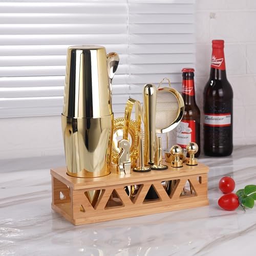 Cocktail Shaker Set, Boston Shaker Bartender Kit with Bamboo Stand,13 Piece Bar Set Stainless Steel Bar Accessories for Drink Mixing, Bar, Home, Party (Gold)