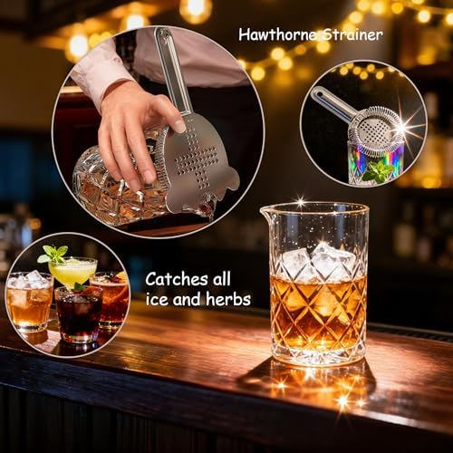 Professional 24 Oz Cocktail Mixing Glass Set - Thick Bottom Crystal Clear Bar Tools with Strainer, Jigger (15/30ml), Spoon & Recipe Guide
