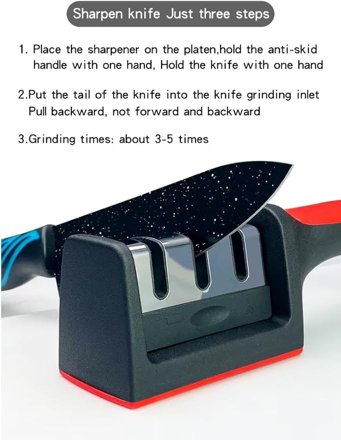 Professional 3-Stage Knife Sharpener with diamond, tungsten steel and ceramic slots. Sharpen kitchen knives, chef knives and scissors easily with this non-slip manual sharpener. (Red)