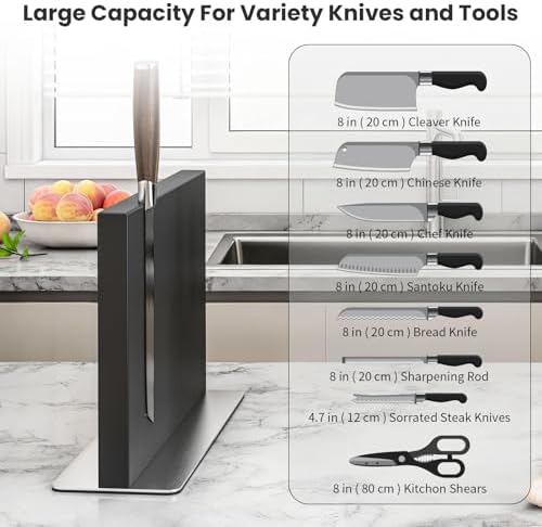 THMINS Black Magnetic Knife Holder, Stainless Steel Countertop Knife Block