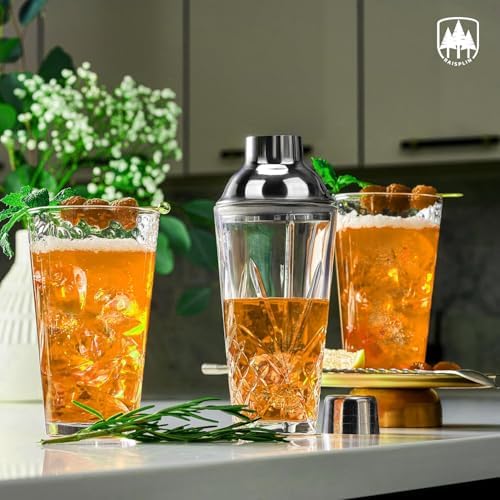 Glass Cocktail Shaker Set with Built-in Strainer - 14 ounces Martini & Margarita Mixer Bartender Tools for Whiskey, Beverages, Coffee, Durable Crystal clear Shaker Cup for Party, Home Bar & Gifts