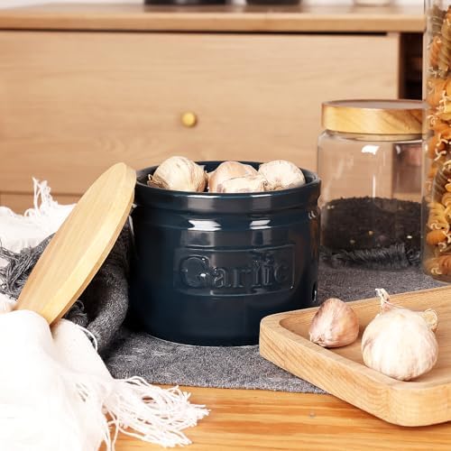 ONTUBE Ceramic Garlic Keeper with Wooden Lid 4-Inch,Garlic Holder (Navy)