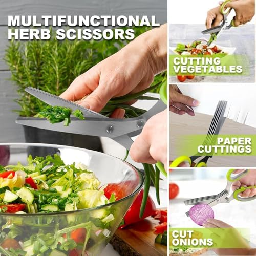 2 Pack Green Herb Scissors, Shallot Scissors, Multipurpose 5 Blade Kitchen Herb Shears, Herb Cutter with Safety Cover and Cleaning Comb for Chopping Shallot Basil Chive Parsley