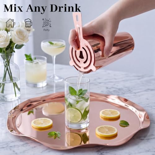 Boston Cocktail Shaker Set, 18 oz & 28 oz 2-Piece Tins, 304 Bartender Kit 15-Piece Bar Tool Set with Acrylic Stand & Recipe Book, for Novices & Pros, Home and Bar Use (Rosegold)