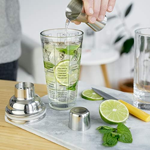True Glass Cocktail Shaker with 7 Classic Recipes and Measurements for Cold Brew Cocktails, Home Bar Accessories, Bar Tools, Bartender Gifts, Hosting Essentials, 13.5 oz, Set of 1, Clear