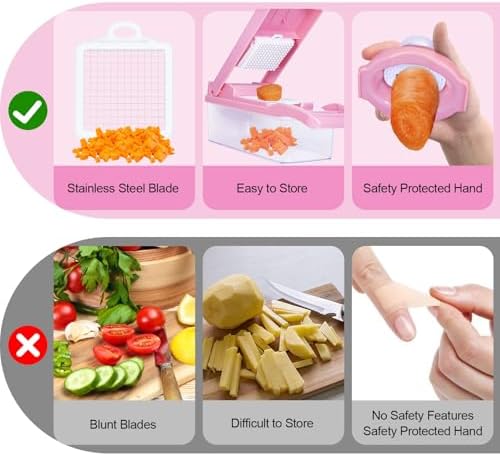 16-in-1 Vegetable Chopper & Mandoline Slicer with Container, Food Chopper, Onion Dicer, Cheese Grater, Vegetable Cutter for Potato, Carrot, Cucumber, Garlic, Meal Prep, Pink