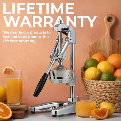 Zulay Kitchen Professional Citrus Juicer - Chrome Finish Manual Citrus Press and Orange Squeezer - Metal Lemon Squeezer - Extra Tall Heavy Duty Manual Orange Juicer and Lime Squeezer Press Stand