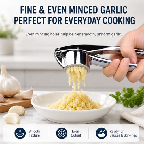 Garlic Press with Cleaning Brush, Zinc Alloy Garlic Mincer, Easy-Squeeze Garlic Crusher with Non-Slip TPR Handle, Mirror Polished Kitchen Tool for Fine Minced Garlic, Garlic Smasher for Daily Cooking