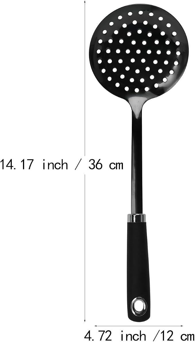 Black Stainless Steel Skimmer Spoon, Metal Slotted Spoon Strainer for Frying, Pasta, Vegetables, Dumplings, Wontons, Long Handle, Dishwasher Safe