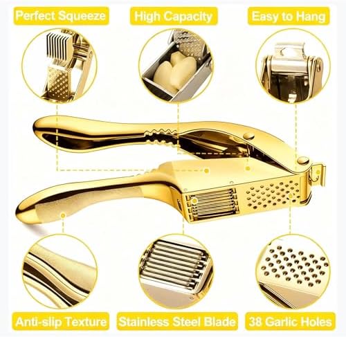 Garlic Press and Slicer 2 in 1, Rust Proof & Dishwasher Safe Professional Garlic Mincer Tool, Effortlessly Crush and Mince Garlic with this Ergonomic Handle-Garlic Slicer & Brush ANCQMI(Gold)