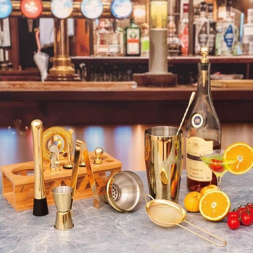 Cocktail Shaker Set Bartender Kit with Bamboo Stand,13 Piece Bar Set Stainless Steel Bar Accessories for Drink Mixing, Bar, Home, Party (Gold)