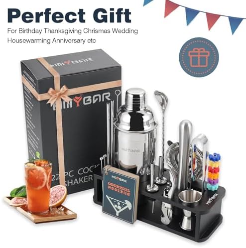 HMYBAR® 22-Piece Cocktail Shaker Set, Mixology Bartender Kit with 24oz Cobbler Shaker, Home Bar Tool Set with Black Bamboo Stand, 39 Recipe Cards, Glass Markers, Gift for Men & Dad