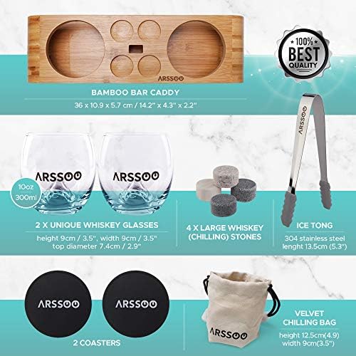 Whiskey Glass & Whiskey Stones Gift Set – 2 10Oz Scotch Bourbon Glasses, 4 Round Chilling Stones, 1 Ice Tong, 2 Coasters, Bamboo Stand & Velvet Bag – Unique Father's Day Birthday Gift for Men