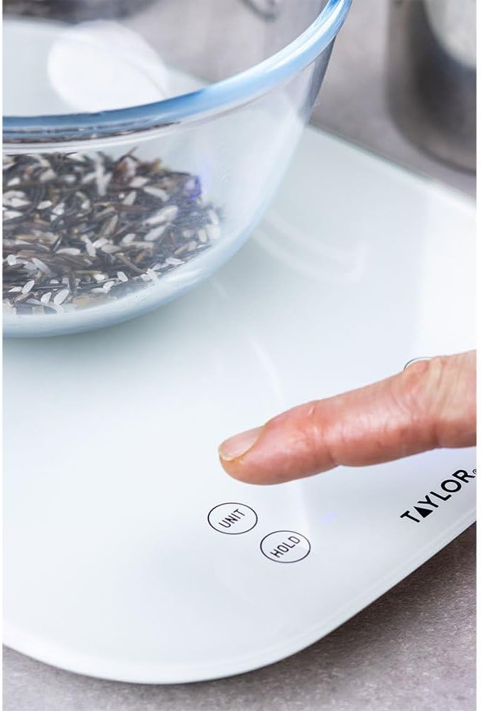 Taylor Pro Digital Kitchen Food Scales, Compact Professional Standard with Precision Accuracy and Waterproof Design with Tare Feature, White Glass, Weighs 14 kg/14 L Capacity