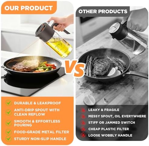 PLAPITATE 2Pcs 17oz Premium Olive Oil Sprayer for Cooking, 2 in 1 Glass Olive Oil Dispenser Bottle for Kitchen Gadgets, Spray Bottle with Portion Control for Salad, Frying, BBQ (Black & Gray)