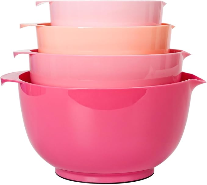 BoxedHome Mixing Bowls Set of 4, BPA Free Plastic,Microwave Safe, Rose Red | 4.5/3.5/2.5/1.7 quarts,Non-slip Base Large Nesting Bowl with Pour Spout, Dishwasher Safe, for Prep, Cooking,Baking