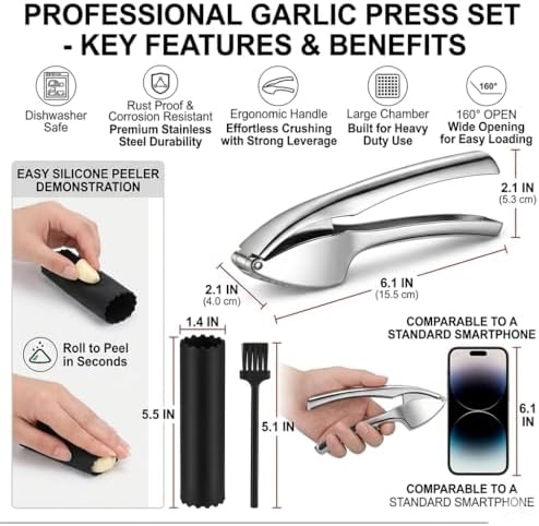TAHINO Garlic Press Crusher & Mincer – Heavy Duty Zinc Alloy Garlic Press, Ergonomic Easy Squeeze Handheld Garlic Crusher Tool, Rust Resistant Kitchen Garlic Mincer