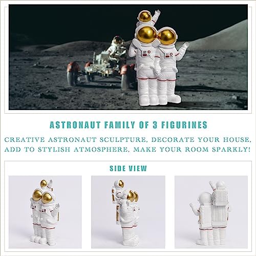 Astronaut Family of 3 Figurines Statues, White/Gold Parents and Child Resin Spaceman Sculpture Space Lovers Gifts for Space Themed Bedroom Bookshelf Desktop Home Office Decor