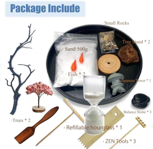 Desktop Zen Garden with Refillable Hourglass and Koi Fish – Miniature Japanese Rock Garden Kit with Sand, Rake, and Accessories – Stress Relief Desk Decor for Home & Office