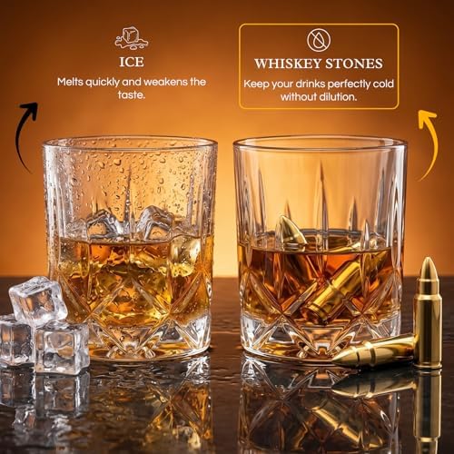 Whiskey Stones Bullets Stainless Steel with Wooden Gift Box - 1.75in Bullet Chillers Set of 6 Inside Realistic Revolver - Made with Premium Stainless Steel, Large Whiskey Chillers Rocks (Gold)