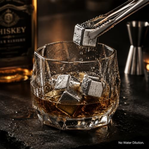 Reusable Stainless Steel Whiskey Ice Cubes 16 Pack with Storage Tray & Anti-Slip Tongs, Metal Chilling Stones No Dilution for Bourbon Scotch Cocktails Home Bar Accessories