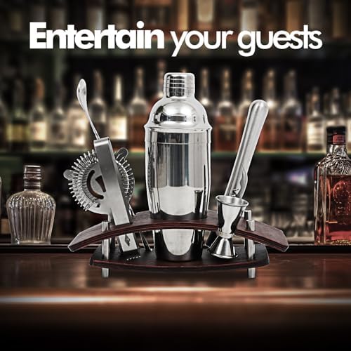 Mixology Bartender Kit Cocktail Shaker Set: 9-Piece, Bar Tools with Rotating Stand, Bar Set with All Essential Accessory Tools: Martini Shaker, Jigger, Strainer, Mixer Spoon, Muddler Ect, (Silver)