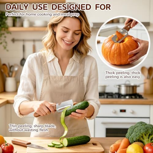 Left & Right Hand Vegetable Peeler Set with Bottle Opener, Thickened Stainless Steel Wide Blade for Smooth Peeling, Wooden Handle Kitchen Peeler for Fruits & Vegetables
