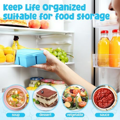 4 Pack Silicone Freezer Trays with Lid, 1/5, 1/2, 1, and 2 Cup Soup Freezer Molds Set Stainless Steel Frame Ice Cube Tray for Meal Prep Freezing Soup Stews Sauces Oven Microwave Safe(Blue)