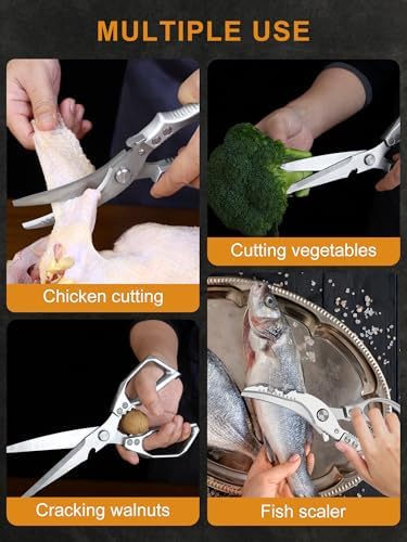 2 Pack Kitchen Shears, Heavy Duty Poultry Shears with Non-Slip Handle & Safety Lock, Spring Loaded, All Purpose Kitchen Scissors for Food, Meat Cutting, Chicken, Fish, Vegetables