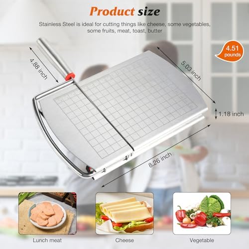 Cheese Slicer Cutter, Stainless Steel Cheese Cutter Board with Blade for Block Cheese, Vegetables, Butter, Sausages, Bread
