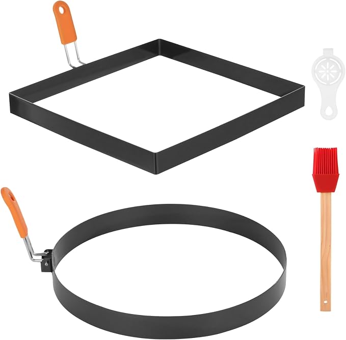 2 PCS 8 Inch Egg Rings for Frying Eggs, Round and Square Griddle Omelette Mold, Non-Stick Stainless Steel Pancake Ring with Foldable Silicone Handle, Includes Egg Separator and Oil Brush