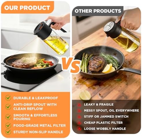 PLAPITATE 2Pcs 17oz Premium Olive Oil Sprayer for Cooking, 2 in 1 Glass Olive Oil Dispenser Bottle for Kitchen Gadgets, Spray Bottle with Portion Control for Salad, Frying, BBQ (2 Black)