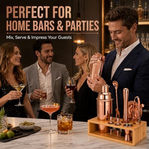 Rose Gold Cocktail Shaker Set, Premium 18/8 Stainless Steel Mixology Bartender Kit with Stylish Bamboo Stand 10-Piece Bar Tools & Accessories for Home Decor - Gift for Women, Mom, Wedding